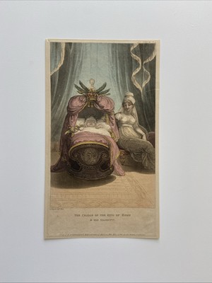 Napoleon II. schlafend in der Wiege & seine Mutter Marie Louise von Österreich Gravur