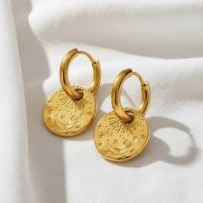 Free People Coin Hoop Sun Moon Star Earrings Gold Celestial Boho Dangle VTG Drop