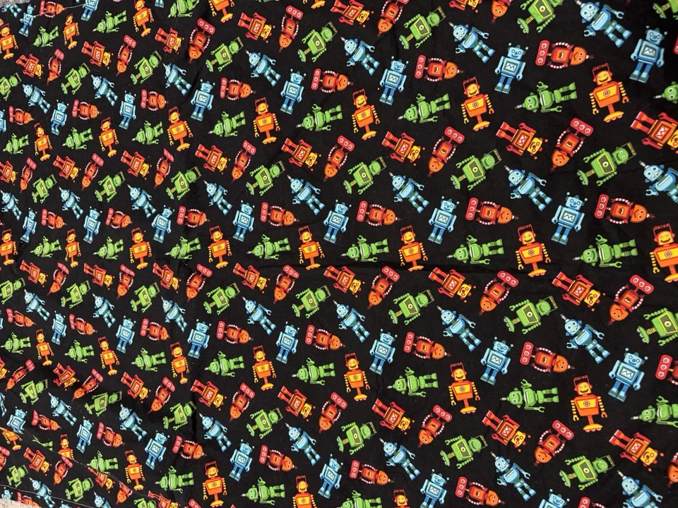 ROBÔS em Fundo Preto Cobertor Infantil Feito à Mão 36 X 56 Amarrado à Mão Verde Bk - Imagem 3 de 4