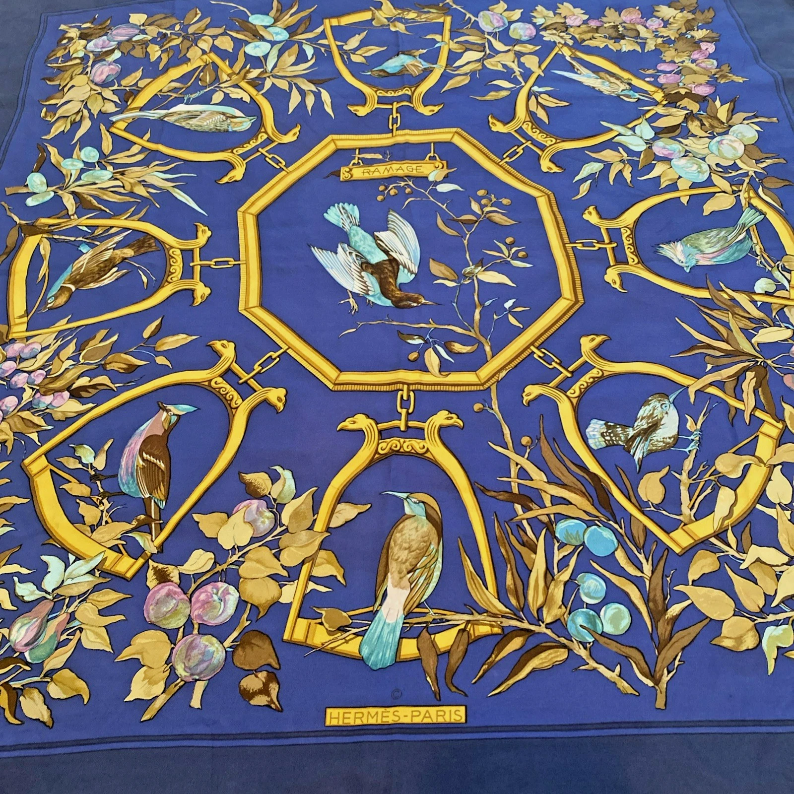 RARE Hermes Ramage Silk Scarf Vintage 1970 By Lenke Szechwnzyl Blue Aqua Gold