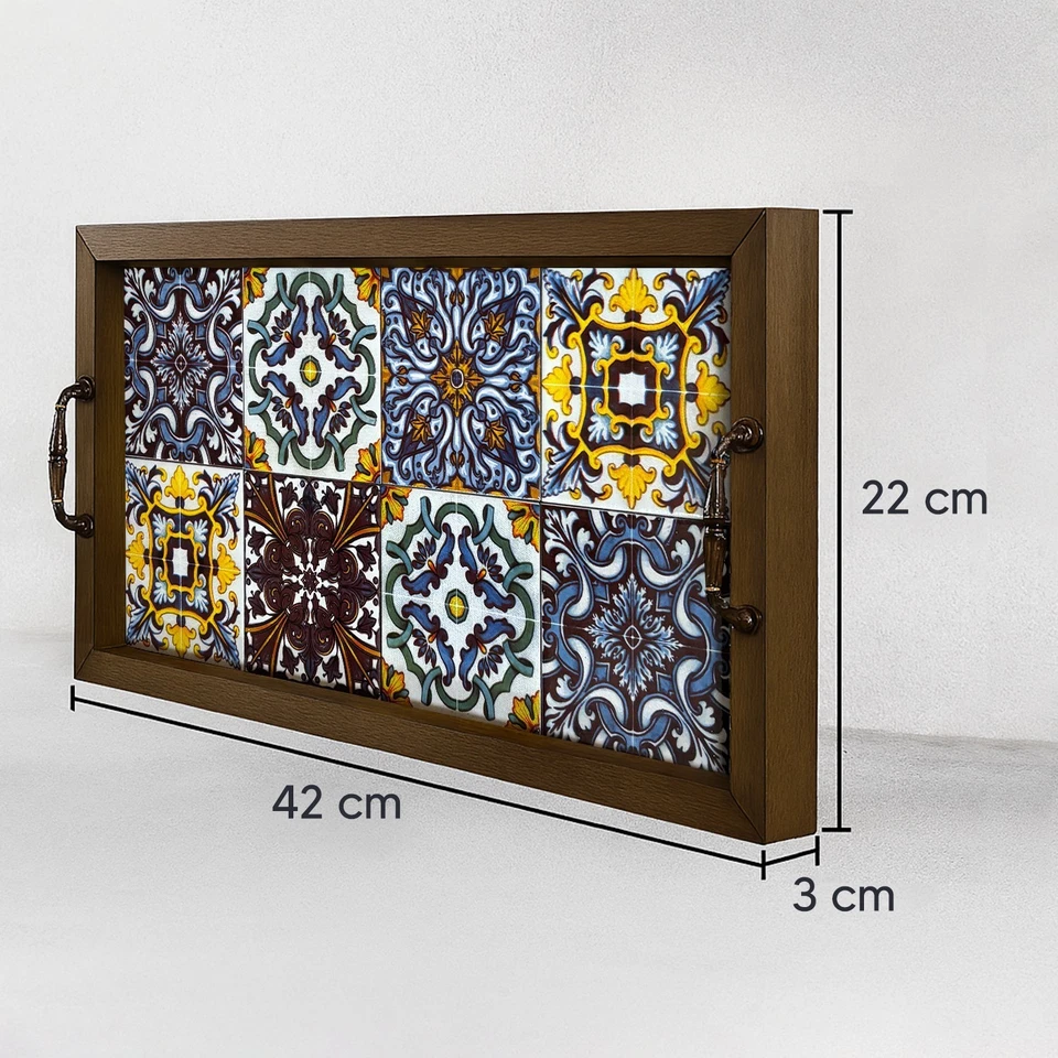 Anatolian Tiles Mosaic Tray Handmade Wooden Serving Tray with Ceramic Tiles Gift - Image 3 of 4