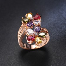 Rose Gold Plated Multi-Color Cubic Zirconia Double Flower Ring Size 6-9