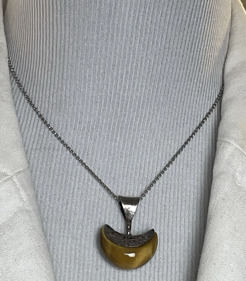 "Collar gargantilla ojo de tigre de plata de ley 925 cadena cable colgante media luna de 15""" Foto 2 de 4