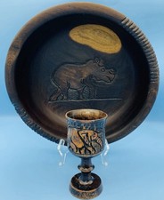 Ciotola in legno intagliato a mano 11" safari elefante rinoceronte decorazione tribale africana + tazza
