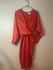 NWT ASOS Red Satin Long Sleeve Faux Wrap Batwing Midi Dress - Size 10 Women's