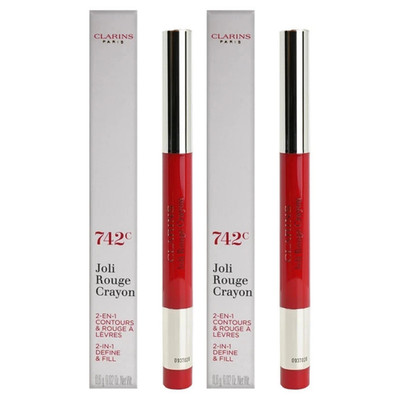 2 Pack Clarins Joli Rouge Lip Crayon 742C Joli Rouge 2 in 1 Define & Fill .02oz