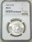 1962-D Franklin Half Dollar NGC MS64 90% FBL Frosty Just Graded New Holder #Y22D