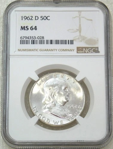 1962-D Franklin Half Dollar NGC MS64 90% FBL Frosty Just Graded New Holder #Y22D