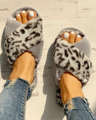 OVER OPEN TOE FLUFFY MULES SLIDERS CROSS FAKE FUR SLIPPERS WOMEN LEOPARD PRINT - Picture 4 of 16