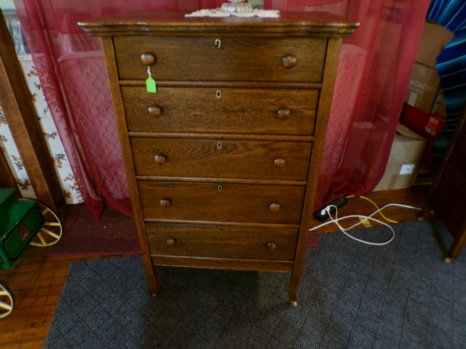 Antique Oak Highboy Dresser bureau 5 drawer refinished 30" wide