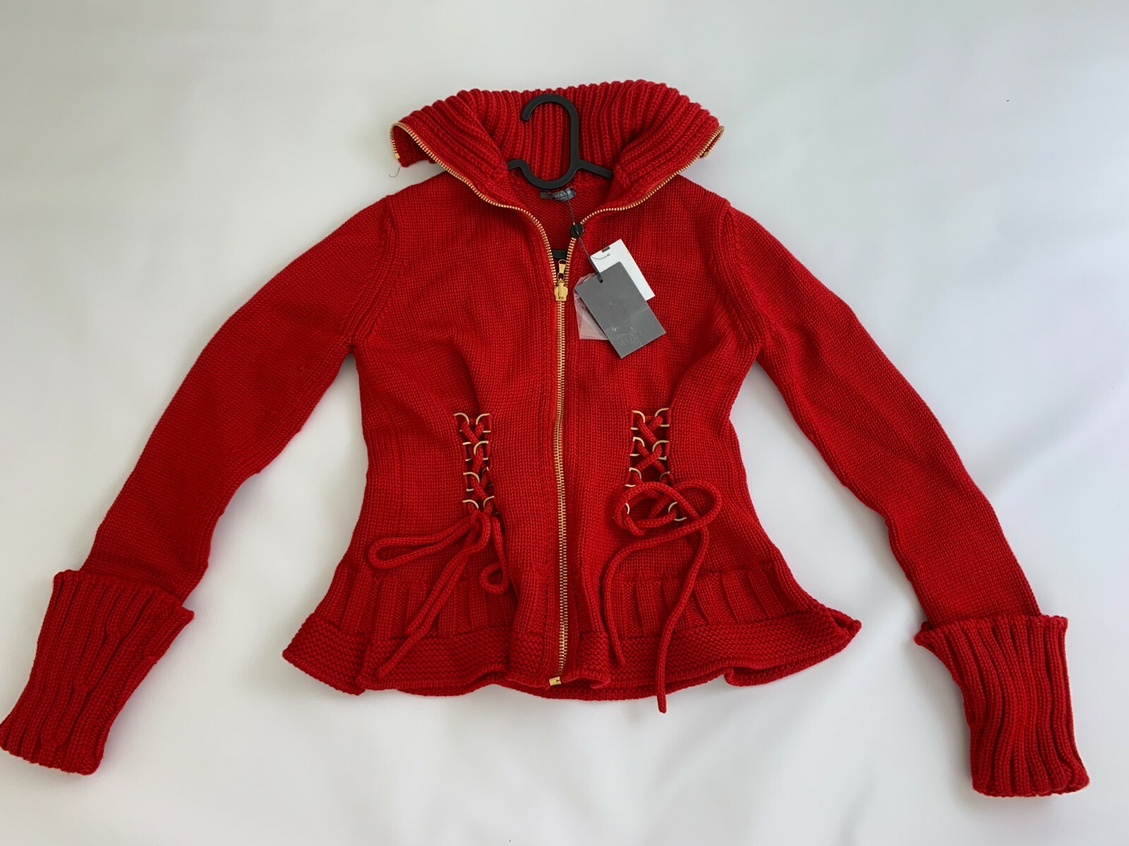 New Alexander McQueen Zipper Sweater Metallic Red Tie waist Size S