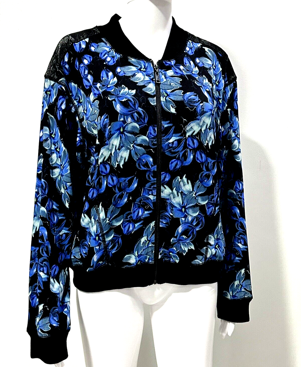 VIVIENNE TAM ZIP-UP FLORAL PRINT BOMBER JACKET BLUE/BLACK SIZE L 