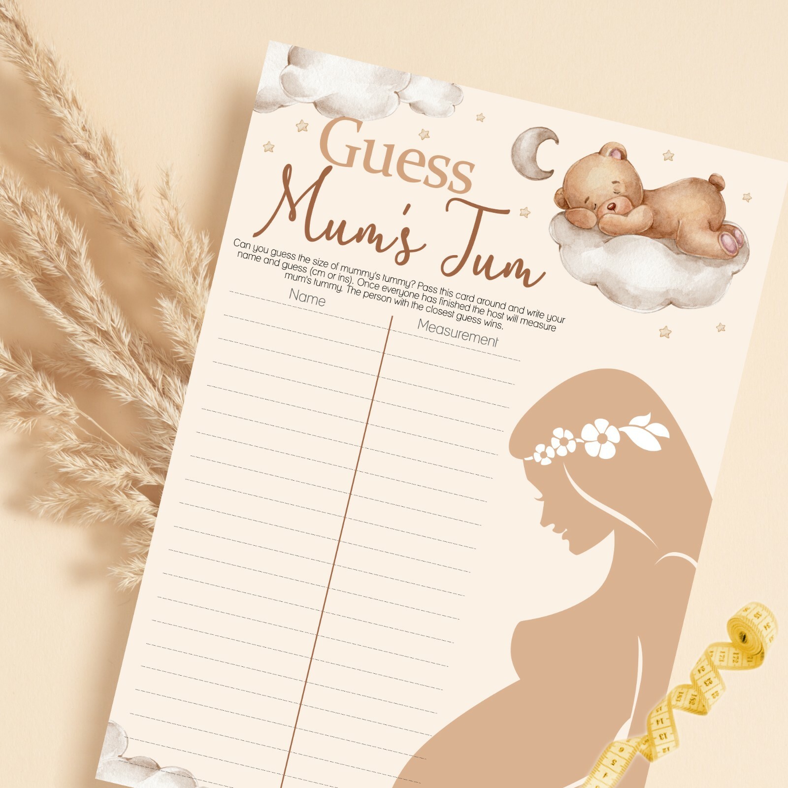 GUESS MUMS TUM - Baby Shower Teddy Theme Party Game. Unisex/Neutral Bear Bump