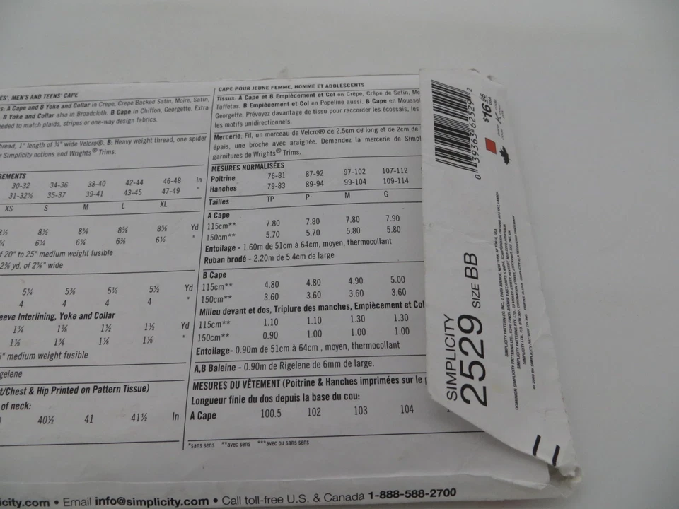 Simplicity Costume / Cape Pattern 2529 Size BB L XL Uncut Men's Women's - Image 4 of 4