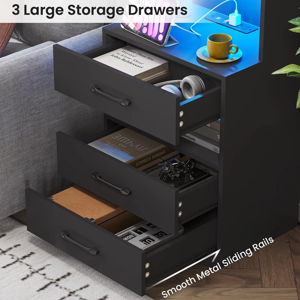 Mesa de cabeceira alta, grande suporte de noite preto com estante e 3 gavetas, mesa de cabeceira - Imagem 4 de 4