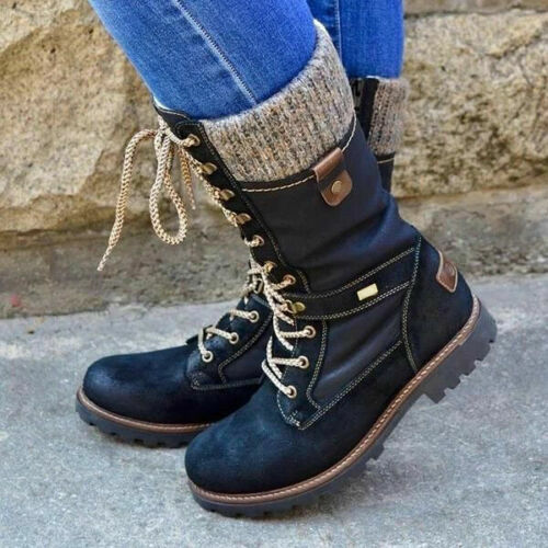 Winter Women Lace Up Calf Mid Size Combat Military Boots Army Biker Flat Shoes