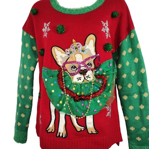 United States Sweaters Red Green Dog Embellished Ugly Christmas Sweater Size S - Picture 2 of 8