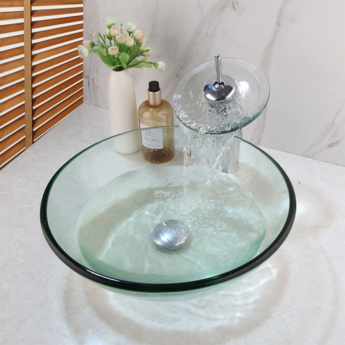US Bathroom Vessel Sink Drain Faucet Basin Vanity Glass Bowl Combo Up Chrome - Picture 5 of 11