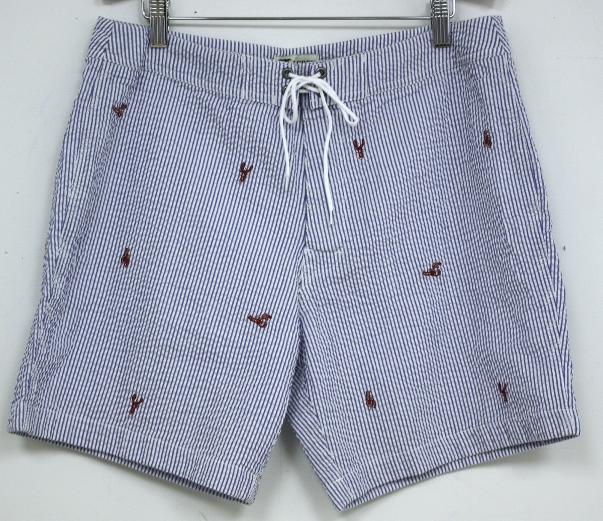 J Crew Mens Shorts Blue White Seersucker Striped Lobster
