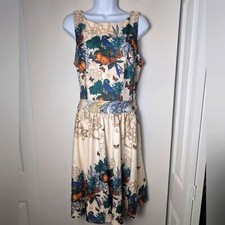 Parrot Dress Lady Vintage Made In London Tea Butterfly Retros 50s Italy Cream