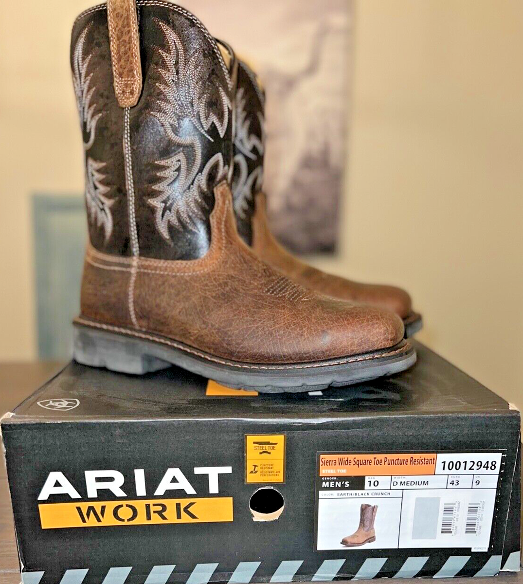 Ariat Mens Sierra Wide Square Steel Toe Work Boots Brown 10 D