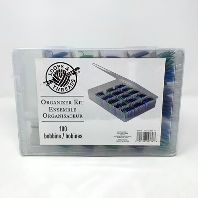 Loops & Threads 100 Bobbins Blue Green Embroidery Floss Thread in Organizer NEW