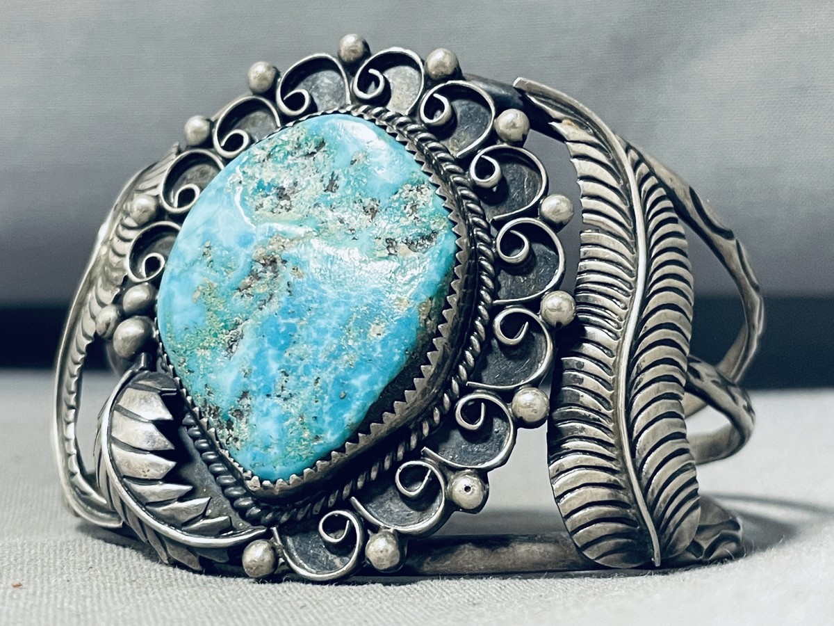 MAGNIFICENT VINTAGE NAVAJO MORENCI TURQUOISE STERLING SILVER HUGE