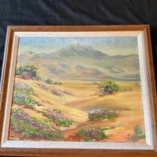 VINTAGE desert landscape hand painted original oil PAINTING by Boville flowers