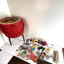 Vtg Singer Sewing Basket Stool Made in Japan Red Wicker With Sewing Notions Lot