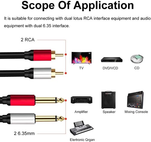 2 x Cavo da 6,35 mm a 2RCA, Doppio 1/4 di pollice TS Stereo Jack Maschio 5ft/1,5m, Nero - Foto 6 di 7