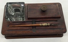 Antique 19th Century Mahogony & Crystal Inkwell Set – Victorian Desk Accessor c5