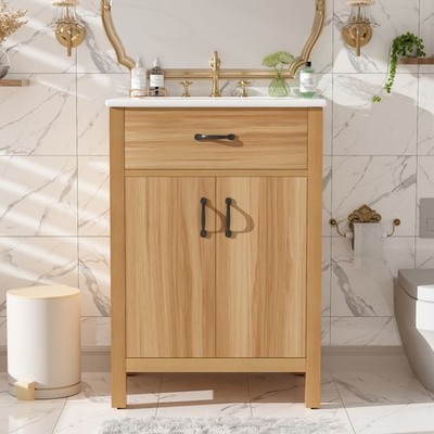 24in Bathroom Vanity Solid Wood Flip Drawer Soft Close Adjustable Shelf Modern