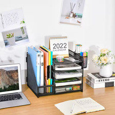 Black 13.8 In. X 11.22 In. Metal Mesh Desk Organizer with 5-Tier Paper Tray, Dra