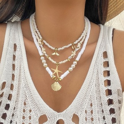 3Pcs/Set Women's Vintage Soft Ceramic Beaded Ocean-Themed Pendant Necklace