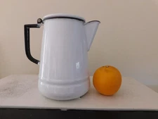 Shabby 8 inch Pitcher Mid-Century Modern Enamel w/ Lid. white, black trim. camp