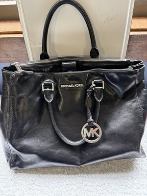 Michael Kors Black Large Satchel Top Handle Zip Silver Hardware MK Charm