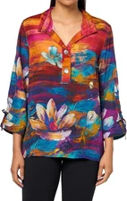 New John Mark Plus Top 3X Tunic Orange Purple Cinch Tie Sleeve 1/2 Button