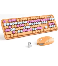 Wireless Keyboard Mouse Combo Retro Round Keycaps 2.4GHz Orange-Colorful