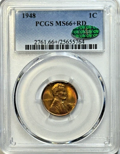1948 Lincoln Wheat Cent PCGS MS 66+ RD CAC — Fire-Toned Red Gem, CAC Approved!