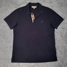 Burberry London Polo Shirt Navy Men's Size M Classic Fit TB Logo Nova Check Trim