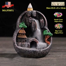 Backflow Incense Cone Burner Holder Lotus Waterfall 033 A& 10/60 Cones Gift