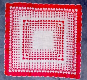 Red Heart Pattern Cotton Handkerchief White Scalloped Edge Vintage Collectible