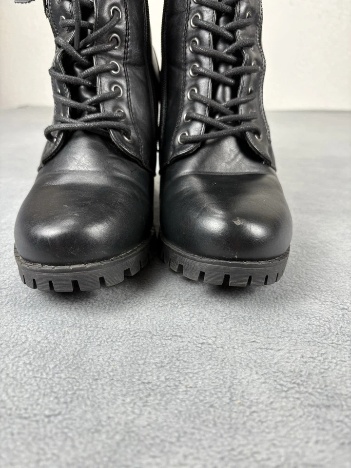 Tacones Forever Combat para mujer 8 de cuero negro con cordones cremallera sintética Y2K vanguardista punk Foto 3 de 4