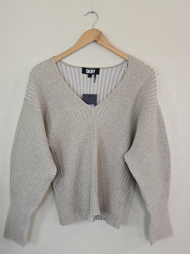 DKNY Beige Long Sleeve Sweater Top Womens Size Medium Drop Shoulder V NECK