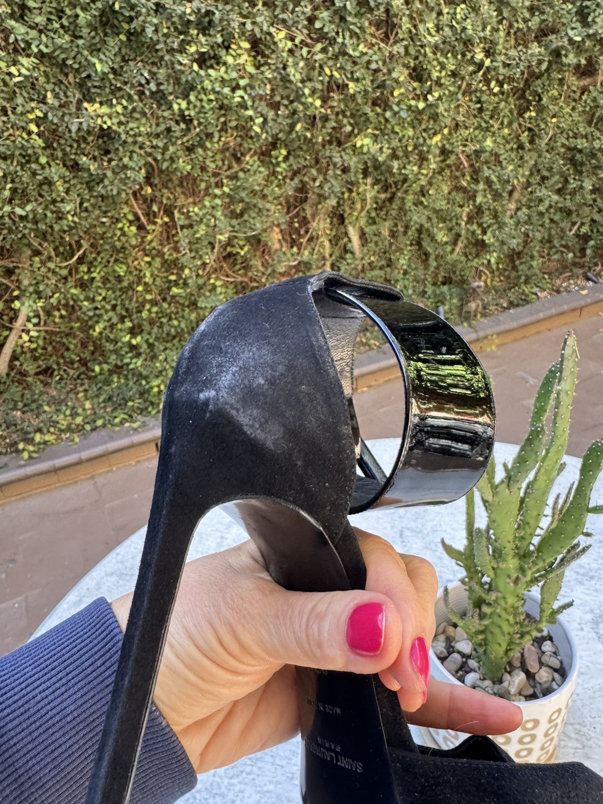 Saint Laurent Black Suede Patent Leather Peep Toe Stiletto Buckle Heels thumbnail 10