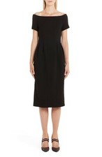 FENDI Roma Black Off Shoulder Crepe Wool Pleated Waist LBD Dress 6 US 42 IT