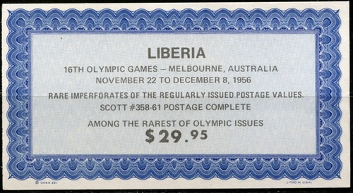 LIBERIA Sc#358-361 Imperforate 1956 Juegos Olímpicos de Melbourne completo como nuevo NH - Imagen 2 de 2