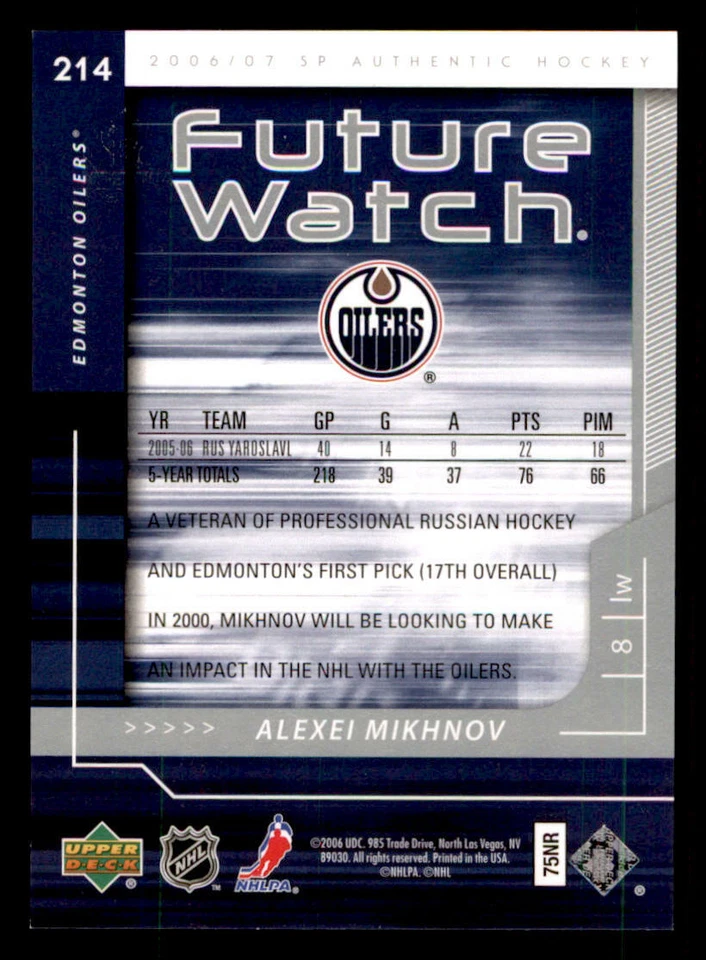 2006-07 SP Authentic #214 Alexei Mikhnov RC /999 (ref 240108) - Image 2 of 2