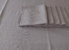 Vintage Natural Ecru Linen Tablecloth Napkin Set Large Floral Damask Design