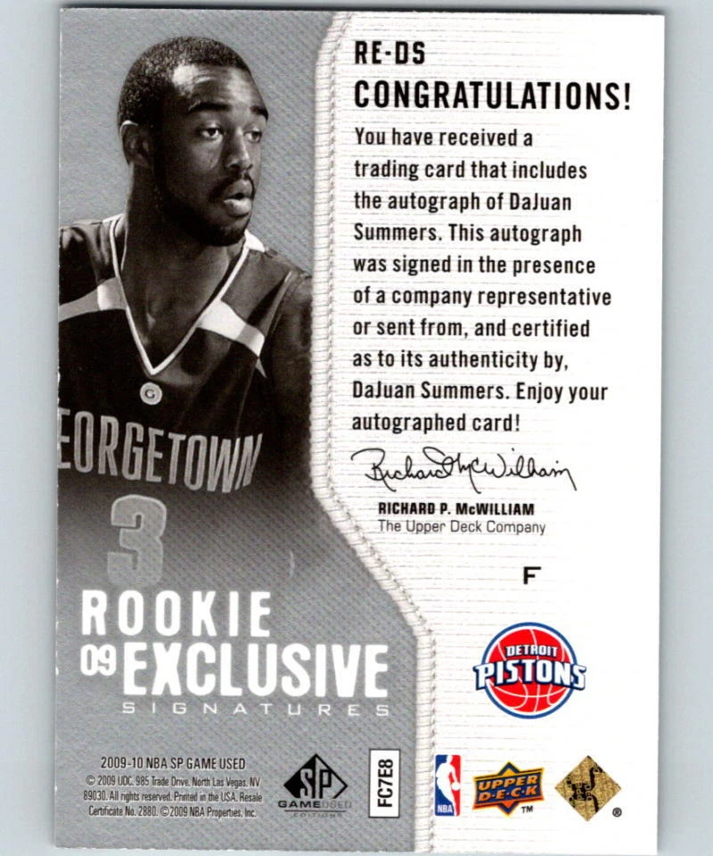 (HCW) 2009-10 SP Game Used Rookie Exclusives DaJuan Summers /100 Auto 07537 - Image 2 of 3